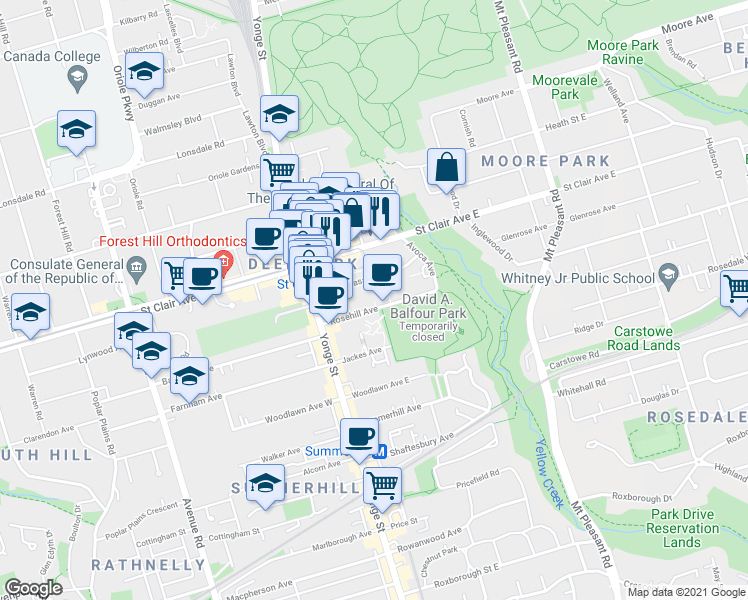 map of restaurants, bars, coffee shops, grocery stores, and more near 50 Rosehill Avenue in Toronto