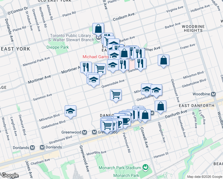 map of restaurants, bars, coffee shops, grocery stores, and more near 114 Springdale Boulevard in Toronto