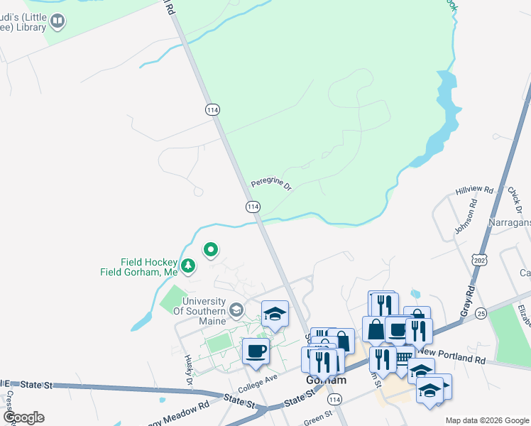 map of restaurants, bars, coffee shops, grocery stores, and more near 175 Fort Hill Road in Gorham