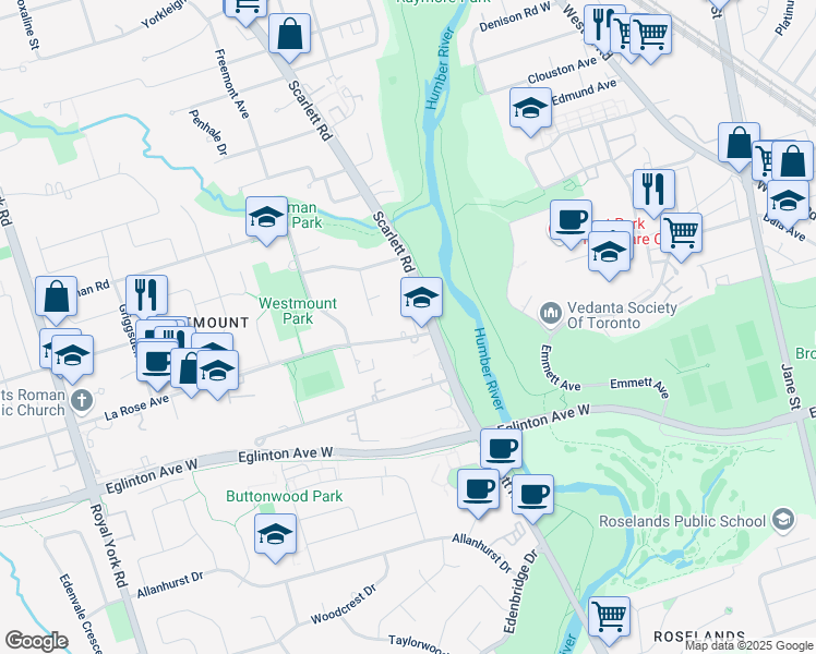 map of restaurants, bars, coffee shops, grocery stores, and more near 530 Scarlett Road in Toronto