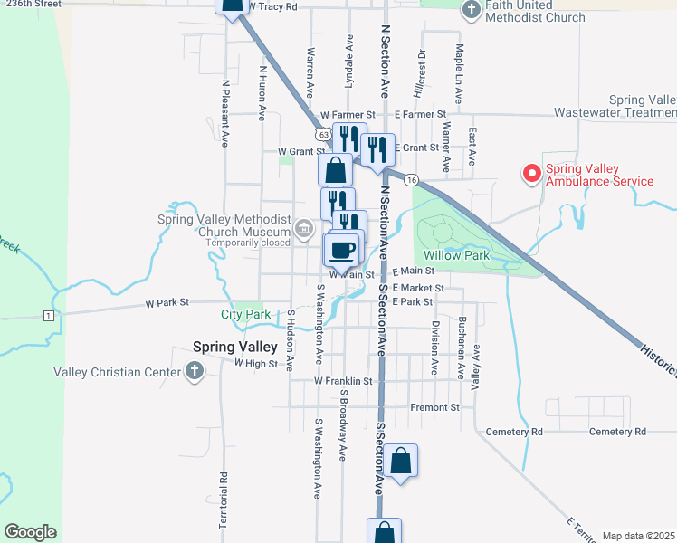 map of restaurants, bars, coffee shops, grocery stores, and more near 117 North Broadway Avenue in Spring Valley