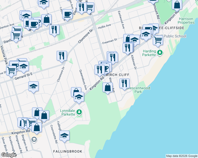 map of restaurants, bars, coffee shops, grocery stores, and more near 1400 Kingston Road in Toronto