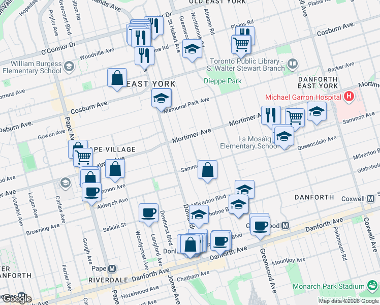 map of restaurants, bars, coffee shops, grocery stores, and more near 84 Wiley Avenue in Toronto