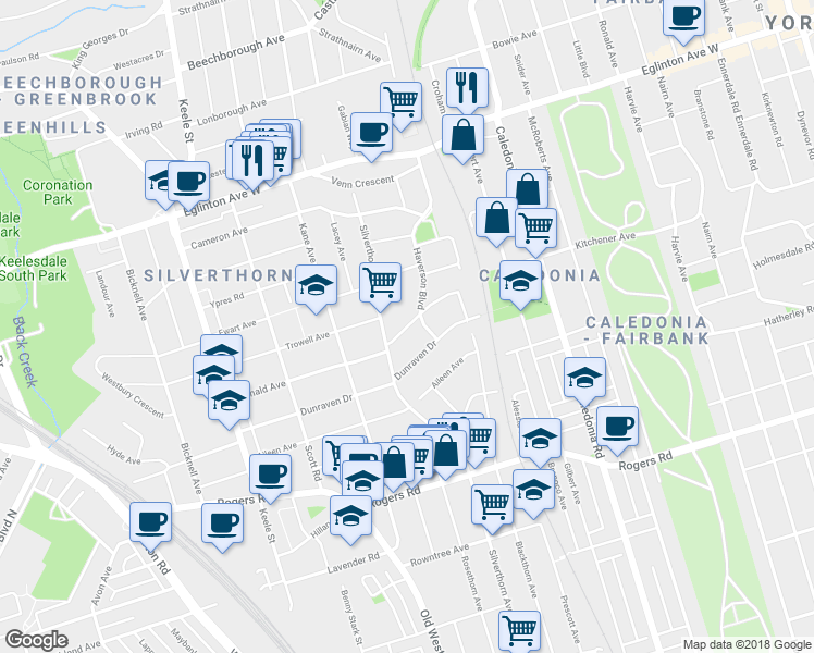 map of restaurants, bars, coffee shops, grocery stores, and more near 25 Donald Avenue in Toronto