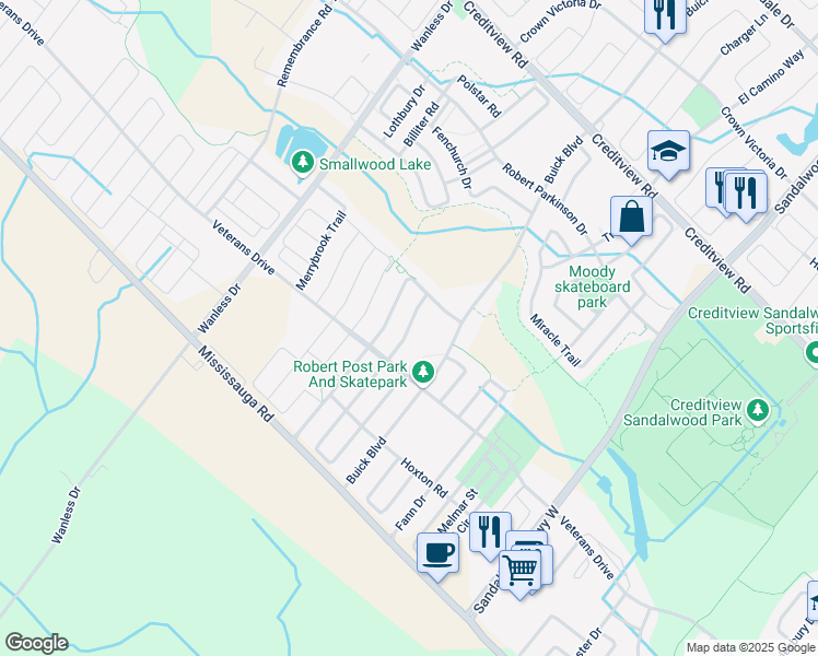 map of restaurants, bars, coffee shops, grocery stores, and more near Gastonia Road in Brampton