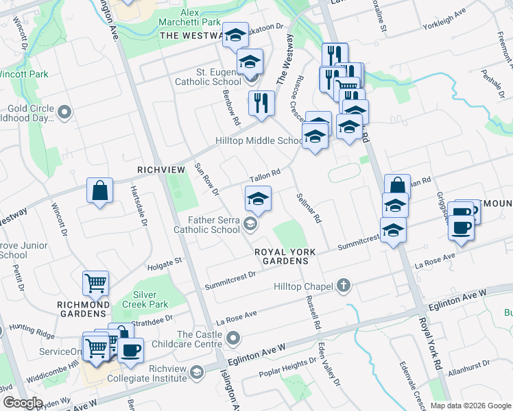 map of restaurants, bars, coffee shops, grocery stores, and more near in Toronto