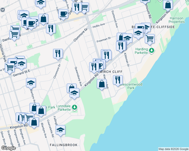 map of restaurants, bars, coffee shops, grocery stores, and more near 1400 Kingston Road in Toronto