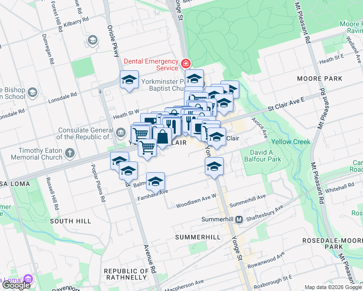 map of restaurants, bars, coffee shops, grocery stores, and more near 47 St Clair Ave W in Toronto