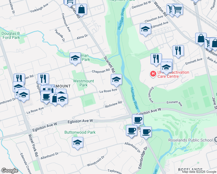 map of restaurants, bars, coffee shops, grocery stores, and more near 18 La Rose Avenue in Toronto