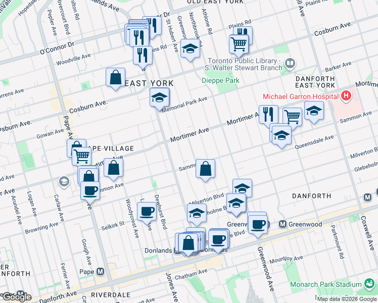 map of restaurants, bars, coffee shops, grocery stores, and more near 84 Wiley Avenue in Toronto