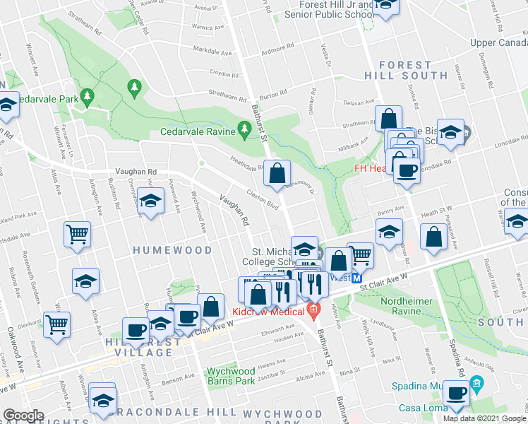 map of restaurants, bars, coffee shops, grocery stores, and more near 130 Raglan Avenue in Toronto