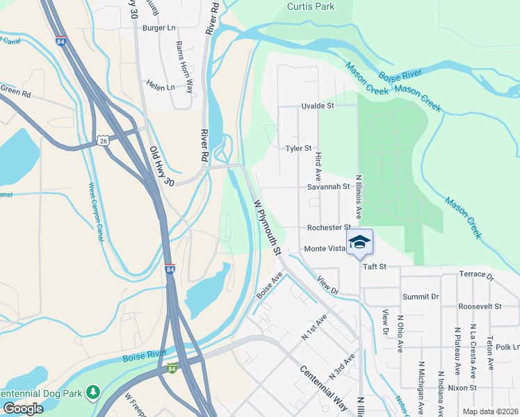 map of restaurants, bars, coffee shops, grocery stores, and more near West Plymouth Street in Caldwell