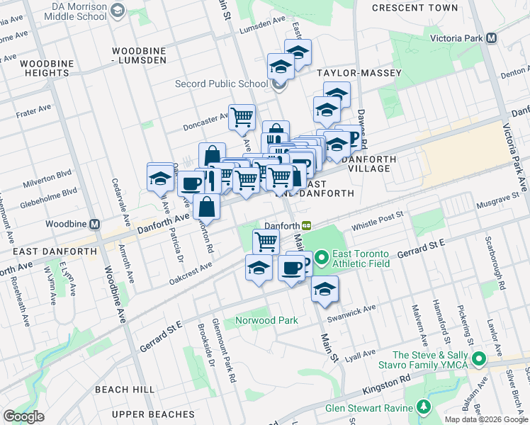 map of restaurants, bars, coffee shops, grocery stores, and more near 126 Stephenson Avenue in Toronto
