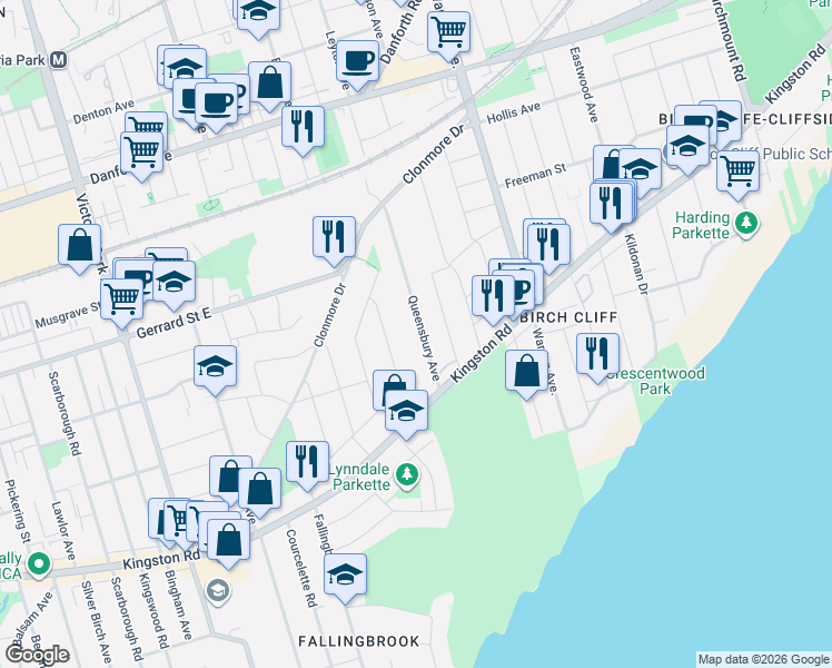map of restaurants, bars, coffee shops, grocery stores, and more near 38 Queensbury Avenue in Toronto