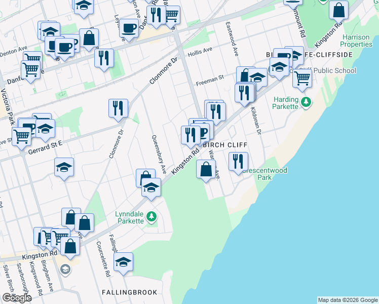 map of restaurants, bars, coffee shops, grocery stores, and more near in Toronto