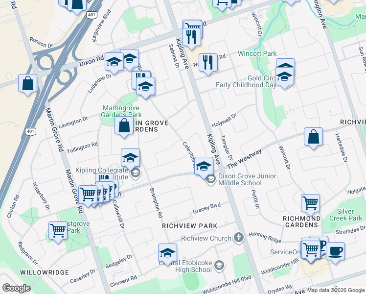 map of restaurants, bars, coffee shops, grocery stores, and more near 92 Celestine Drive in Toronto