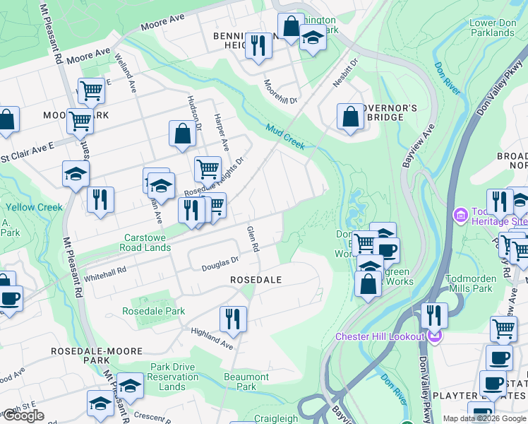 map of restaurants, bars, coffee shops, grocery stores, and more near 220 Glen Road in Toronto