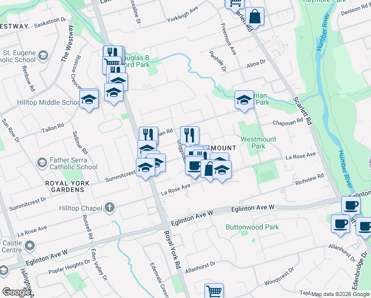 map of restaurants, bars, coffee shops, grocery stores, and more near 31 Griggsden Avenue in Toronto