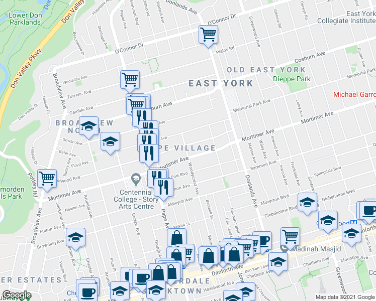 map of restaurants, bars, coffee shops, grocery stores, and more near 191 Woodycrest Avenue in Toronto