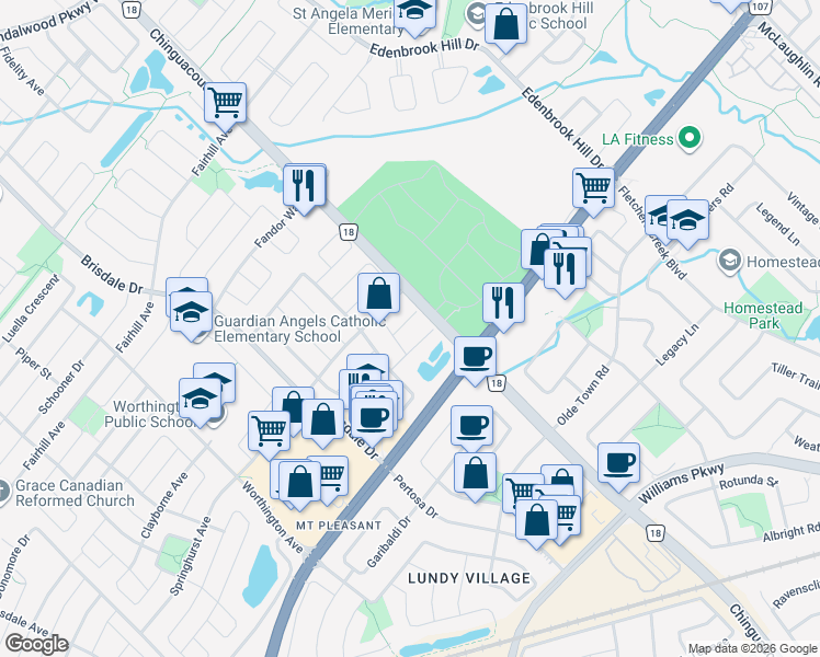 map of restaurants, bars, coffee shops, grocery stores, and more near 6 Silverbell Court in Brampton