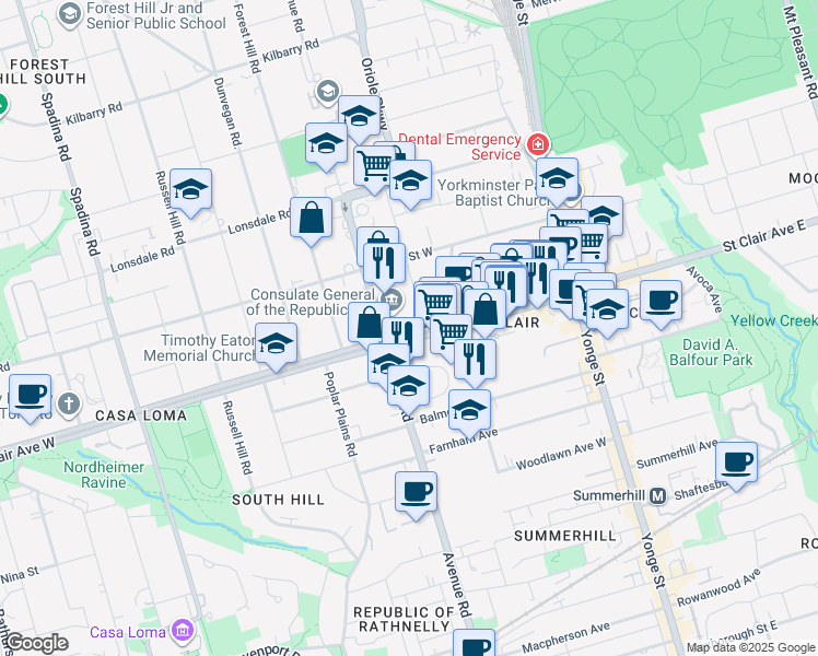 map of restaurants, bars, coffee shops, grocery stores, and more near 150 Saint Clair Avenue West in Toronto