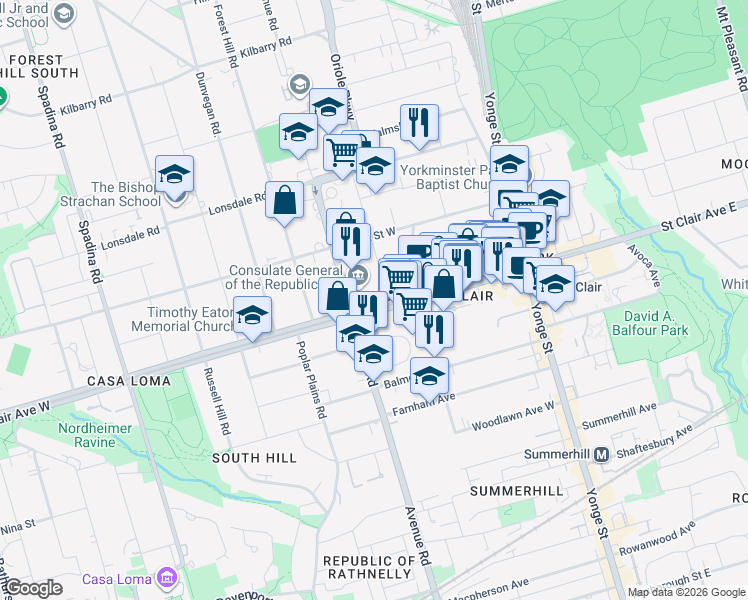 map of restaurants, bars, coffee shops, grocery stores, and more near in Toronto