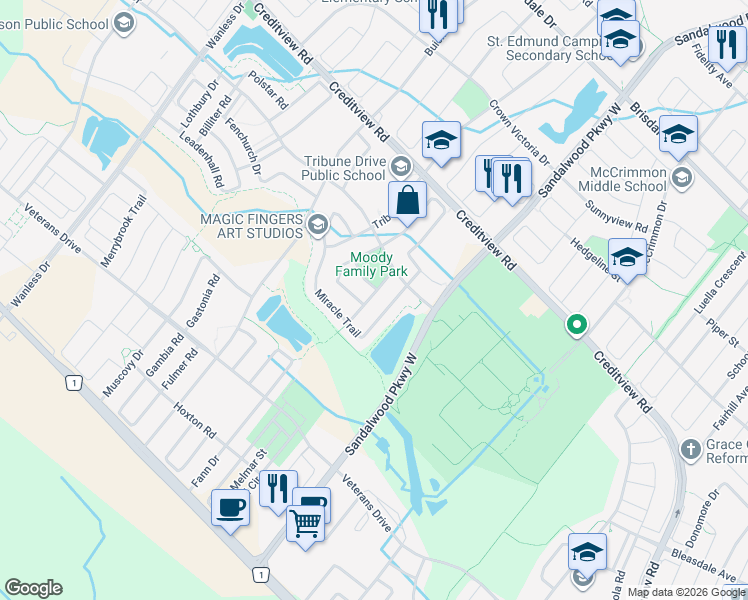 map of restaurants, bars, coffee shops, grocery stores, and more near in Brampton