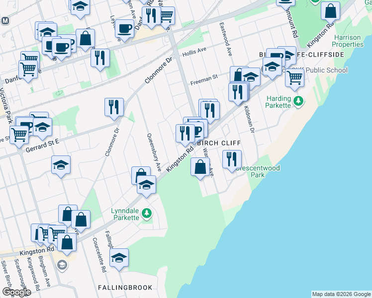 map of restaurants, bars, coffee shops, grocery stores, and more near in Toronto
