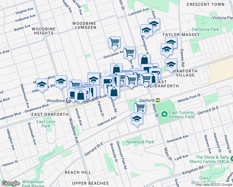 map of restaurants, bars, coffee shops, grocery stores, and more near 2320 Danforth Avenue in Toronto