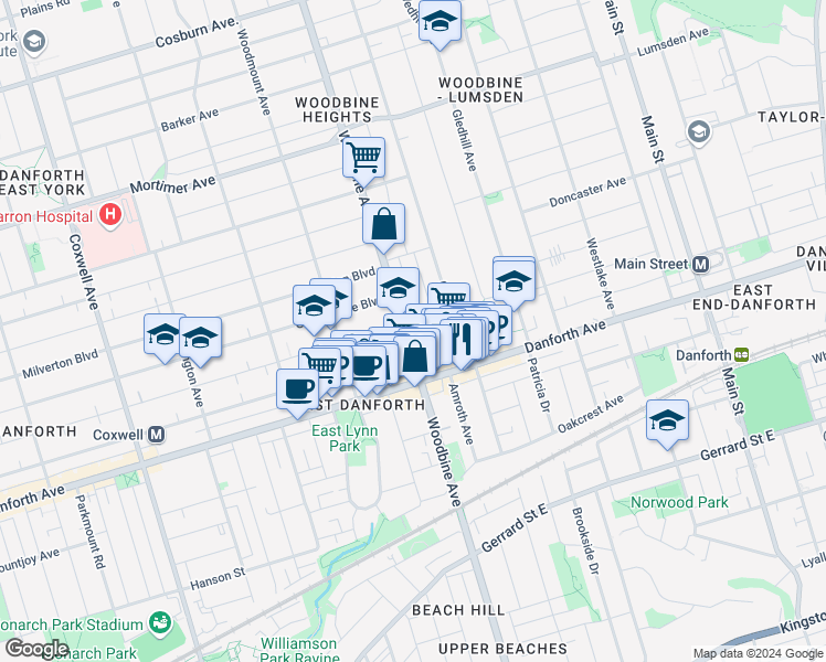 map of restaurants, bars, coffee shops, grocery stores, and more near in Toronto