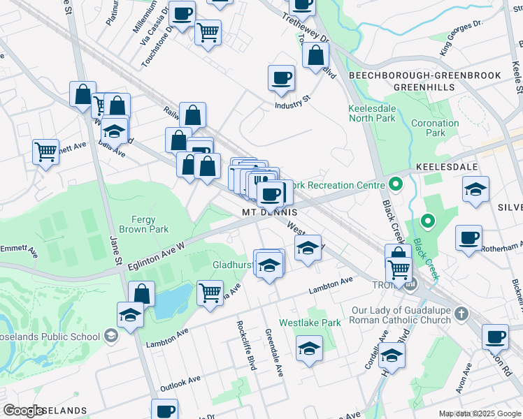 map of restaurants, bars, coffee shops, grocery stores, and more near in Toronto