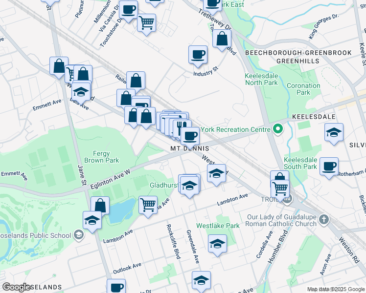 map of restaurants, bars, coffee shops, grocery stores, and more near in Toronto