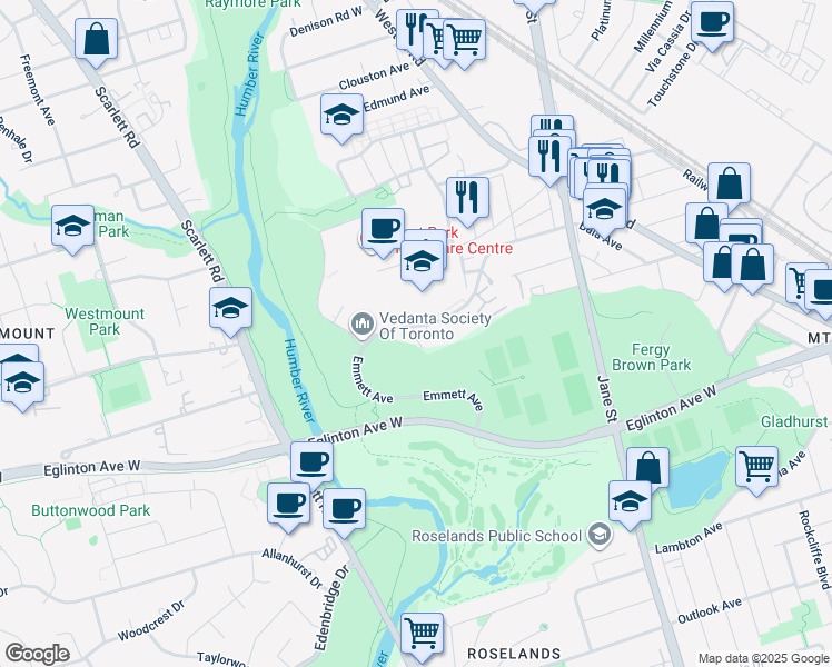 map of restaurants, bars, coffee shops, grocery stores, and more near in Toronto
