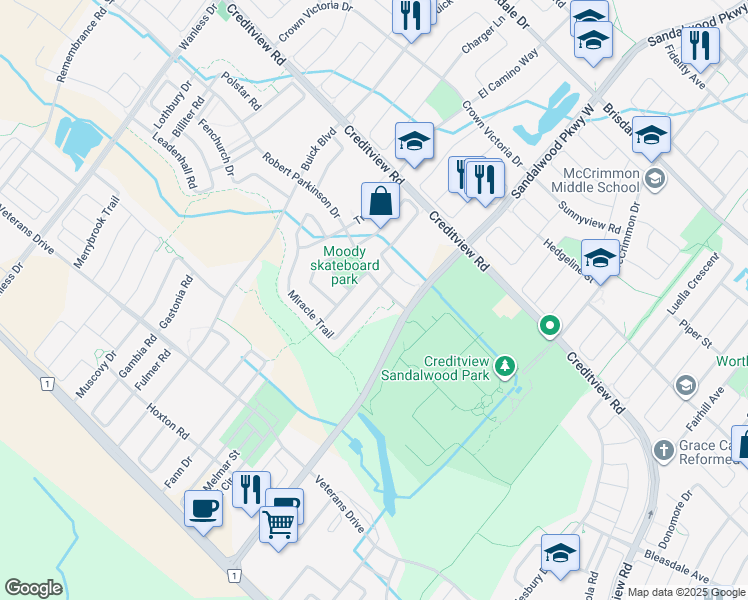 map of restaurants, bars, coffee shops, grocery stores, and more near 15 Robert Parkinson Drive in Brampton
