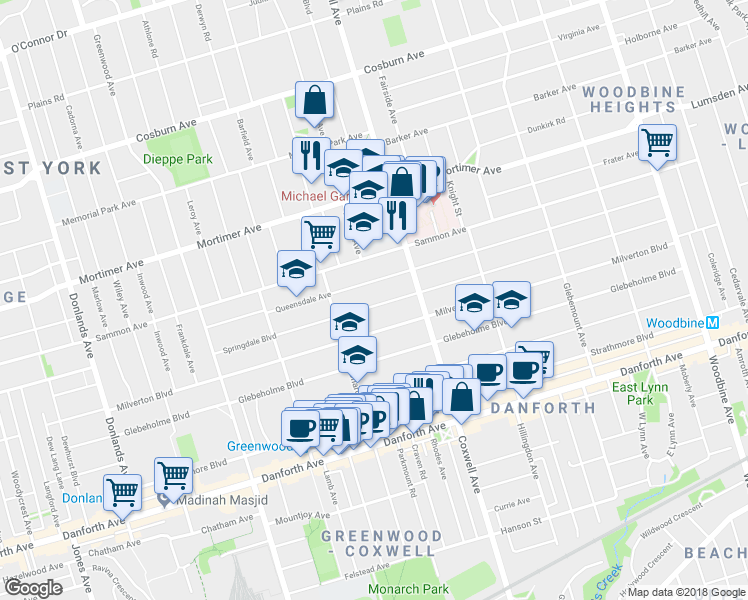 map of restaurants, bars, coffee shops, grocery stores, and more near 130 Springdale Boulevard in Toronto