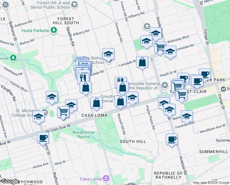 map of restaurants, bars, coffee shops, grocery stores, and more near 287 Russell Hill Road in Toronto
