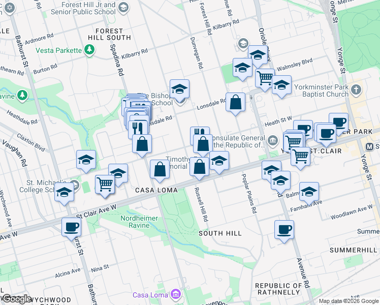 map of restaurants, bars, coffee shops, grocery stores, and more near 293 Russell Hill Road in Toronto