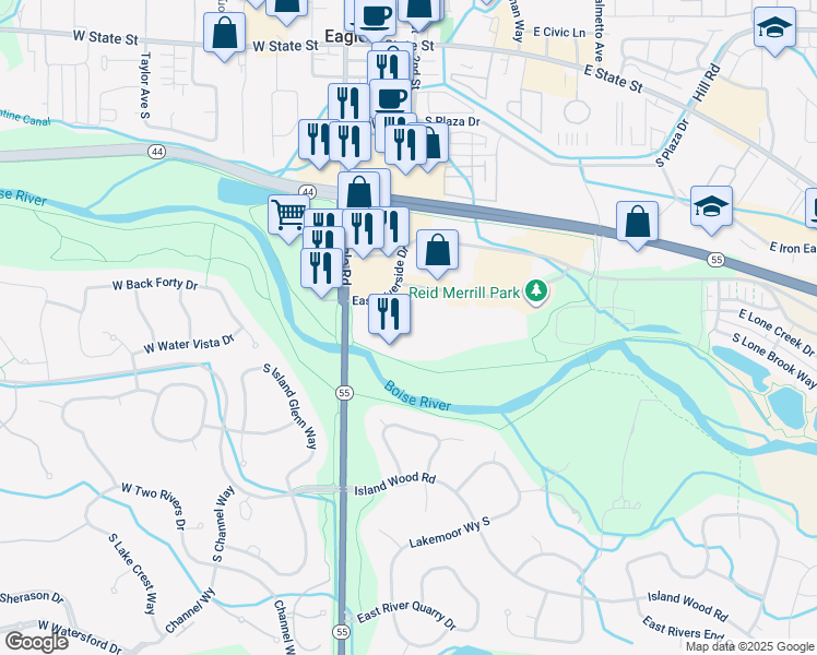 map of restaurants, bars, coffee shops, grocery stores, and more near 291 East Shore Drive in Eagle