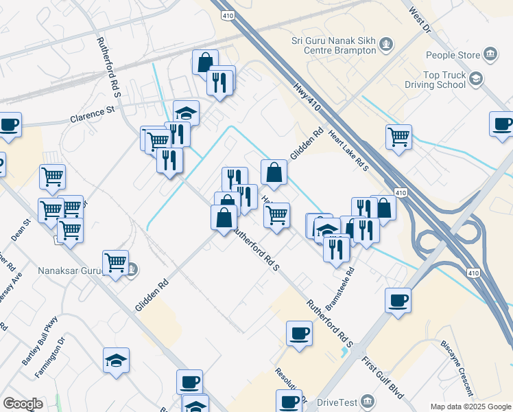 map of restaurants, bars, coffee shops, grocery stores, and more near 77 Hale Road in Brampton