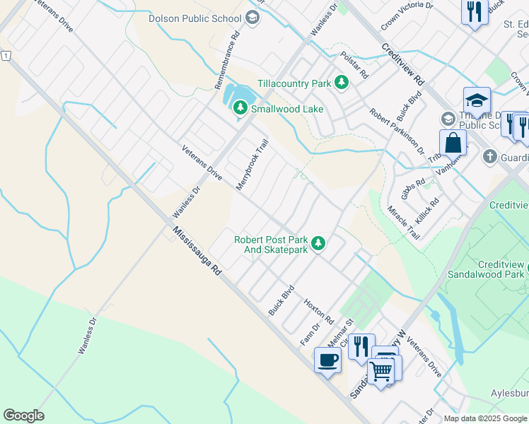 map of restaurants, bars, coffee shops, grocery stores, and more near 315 Veterans Drive in Brampton