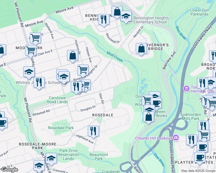 map of restaurants, bars, coffee shops, grocery stores, and more near in Toronto