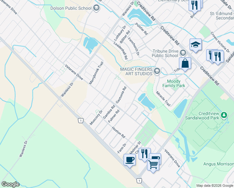 map of restaurants, bars, coffee shops, grocery stores, and more near 26 Gastonia Road in Brampton