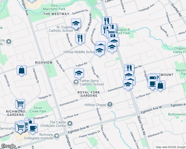 map of restaurants, bars, coffee shops, grocery stores, and more near 18 Sellmar Road in Toronto