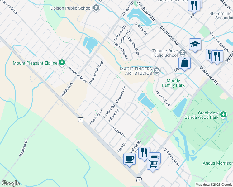 map of restaurants, bars, coffee shops, grocery stores, and more near 46 Monument Trail in Brampton