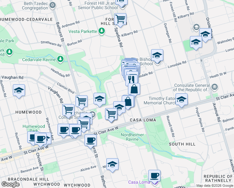 map of restaurants, bars, coffee shops, grocery stores, and more near 361 Lonsdale Road in Toronto