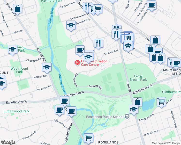map of restaurants, bars, coffee shops, grocery stores, and more near 85 Emmett Avenue in Toronto