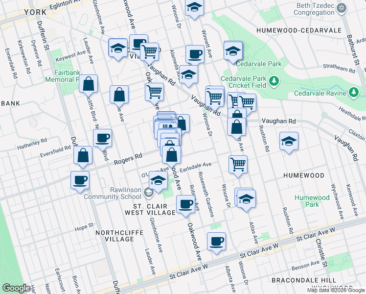 map of restaurants, bars, coffee shops, grocery stores, and more near 126 Cedric Avenue in Toronto