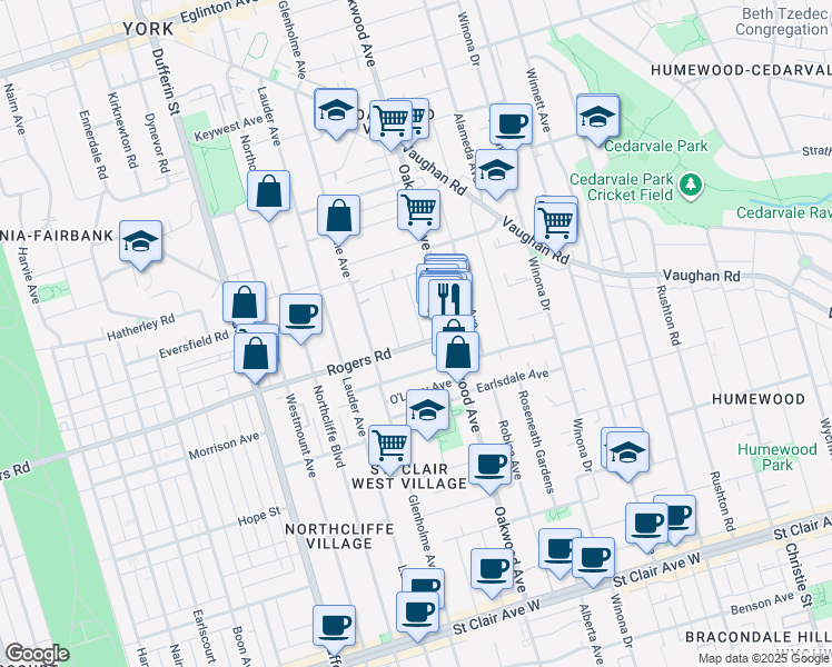 map of restaurants, bars, coffee shops, grocery stores, and more near 8 Blandford Street in Toronto