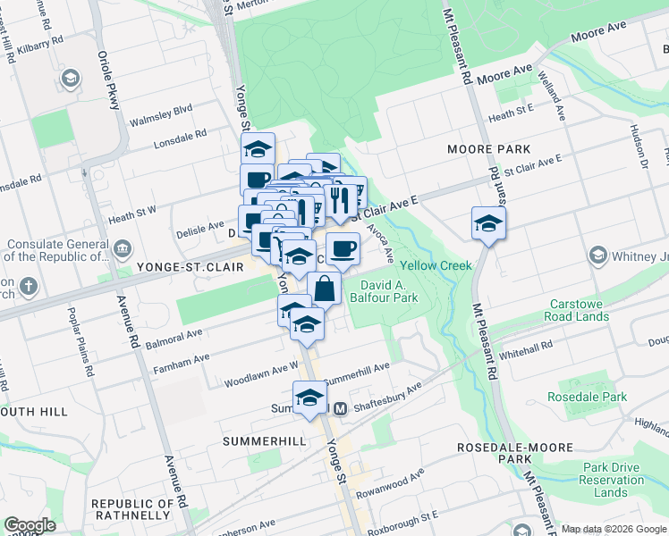 map of restaurants, bars, coffee shops, grocery stores, and more near 50 Rosehill Avenue in Toronto