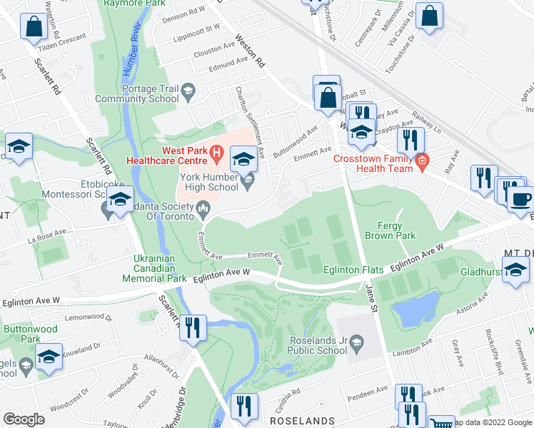 map of restaurants, bars, coffee shops, grocery stores, and more near 81665b Emmett Avenue in Toronto